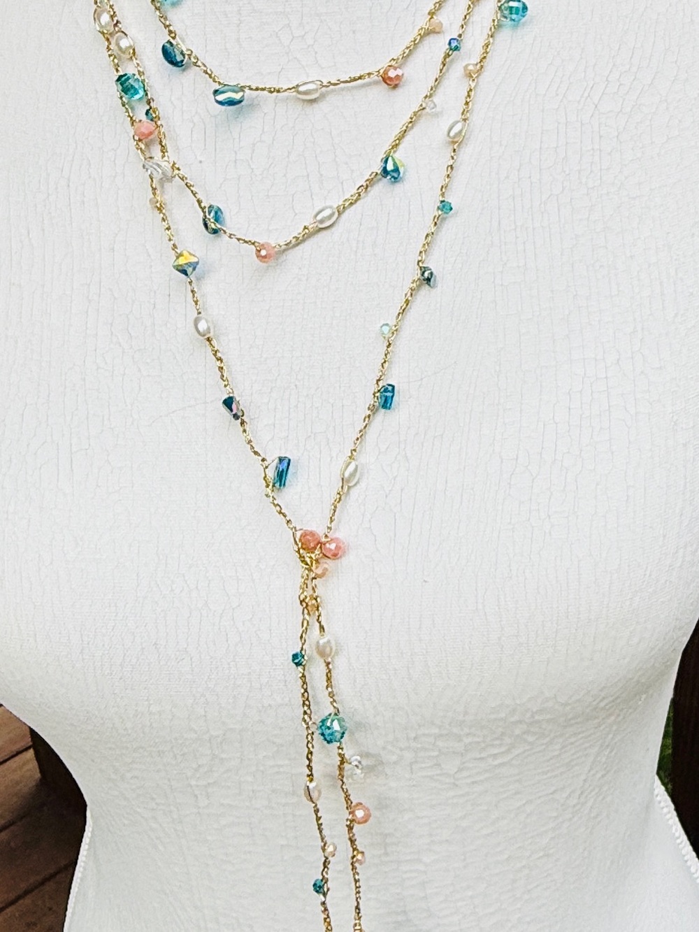 Delicate Crochet Multi wrap Teal and Pink Beaded Lariat Necklace - Picture 6 of 7
